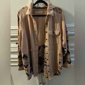 Free People Beige Aztec Pattern Hooded Button-Up Jacket NWOT